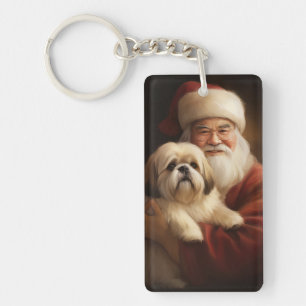 Porte-clefs Lhasa Apso avec le Père Noël Noël Festif