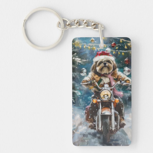 Porte-clefs Lhasa Apso Chien à cheval Moto Noël (Devant)