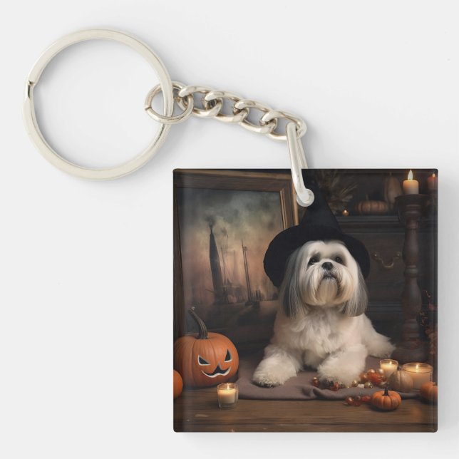 Porte-clefs Lhasa Apso Citrouilles Halloween Épouvantable (Devant)
