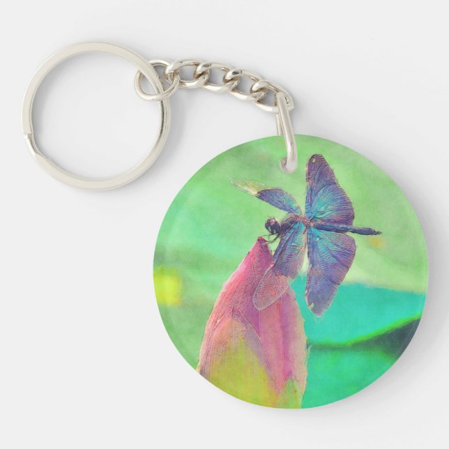 Porte-clefs Libellule bleue iridescente sur le nénuphar (Devant)
