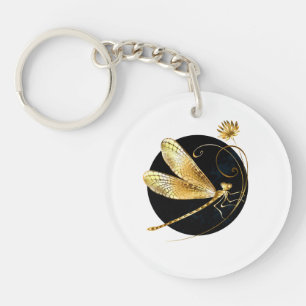 Porte-clefs libellule d'or en cercle noir