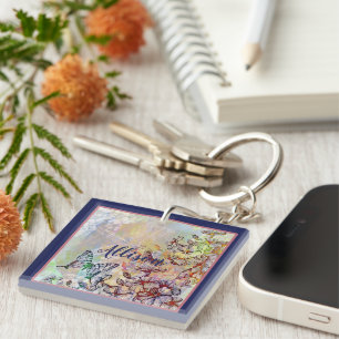 Porte-clefs Libellule papillon et fleurs personnalisées