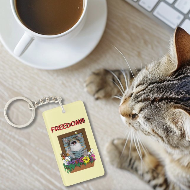 Porte-clefs Liberté Évasion Drôle Chat Jaune Floral Fenêtre (Créateur téléchargé)