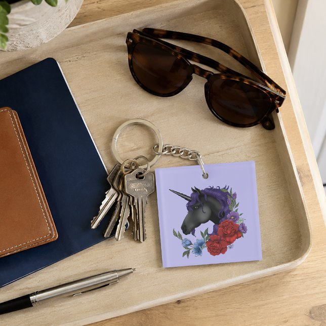 Porte-clefs Licorne noire fleurs de jardin de minuit violet (Créateur téléchargé)
