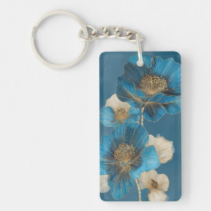 Porte-clefs Ligne d'art doré botanique floral de pavot bleu