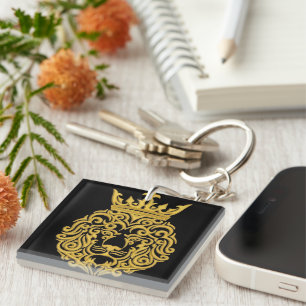 Porte-clefs Lion d'Or avec Couronne - Style de Broderie Majest