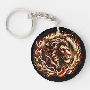 Porte-clefs Lion Flamboyant dans un Anneau de Flammes de Feu A