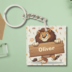 Porte-clefs Lion joueur avec plaque de nom en bois