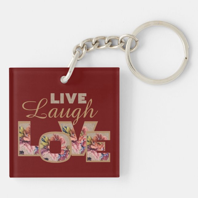 Porte-clefs Live, Laugh, Love Rustic Floral on Burgundy (Dos)