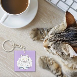 Porte-clefs Livre de chat blanc drôle lisant humour violet