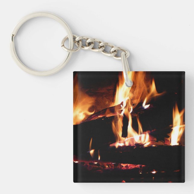 Porte-clefs Logs dans la cheminée Photographie de feu chaud (Devant)