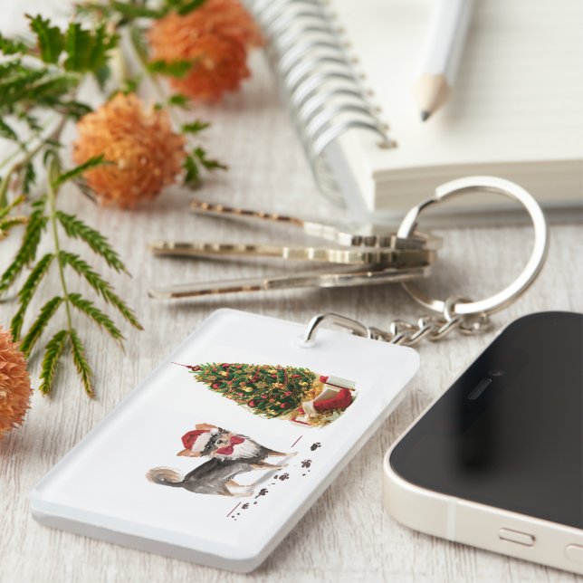 Porte-clefs Long Haired Chihuahua Funny Christmas Dog Tree (Devant droit)