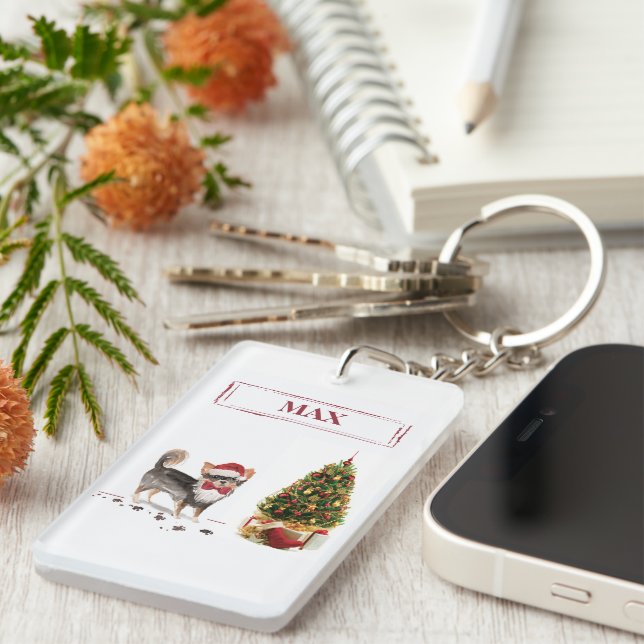 Porte-clefs Long Haired Chihuahua Funny Christmas Dog Tree (Devant droit)