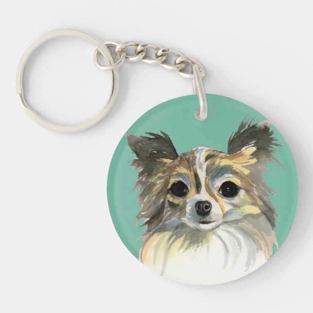 Porte-clefs Long portrait d'aquarelle de chiwawa de cheveux (Devant)