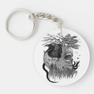 Porte-clefs Loup et corbeau avec crâne
