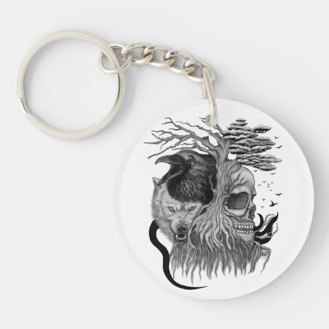 Porte-clefs Loup et corbeau avec crâne (Devant)