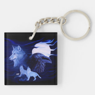 Porte-clefs Loup et corbeau avec pleine lune