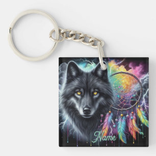 Porte-clefs Loup noir avec un catcheur de rêves