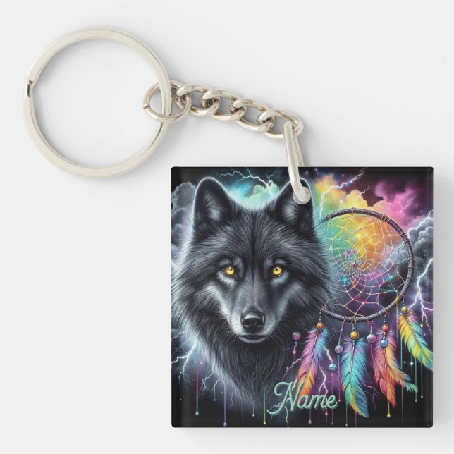 Porte-clefs Loup noir avec un catcheur de rêves (Devant)