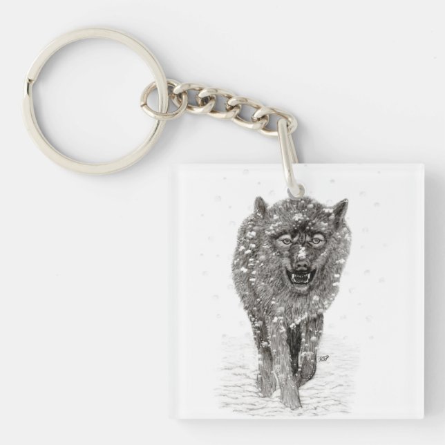 Porte-clefs Loup noir en colère dans la neige, hiver sauvage (Devant)