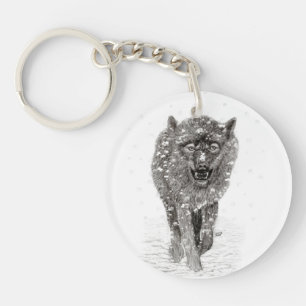Porte-clefs Loup noir en colère dans la neige, hiver sauvage