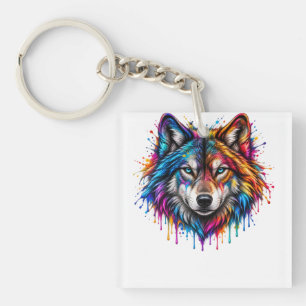 Porte-clefs Loup Tête Arc-en-Ciel Néon – Art Éclaboussure Colo