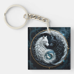 Porte-clefs Loups noirs et blancs dans le symbole cosmique du 