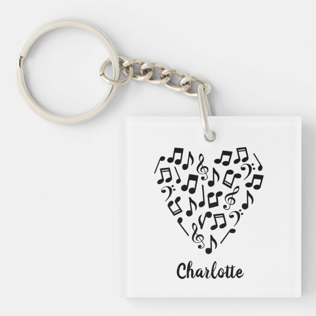 Porte-clefs Love Music Heart of Music Notes avec nom (Devant)