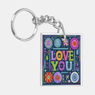Porte-clefs Love You, design vintage coloré,