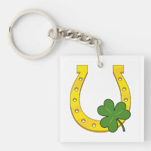 Porte-clefs Lucky Golden Horseshoe avec Shamrock en blanc