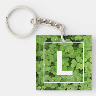 Porte-clefs Lucky trèfle monogramme, shamrock de prairie verte