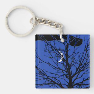 Porte-clefs Lune avec arbre, Bleu Cobalt, Noir et Blanc