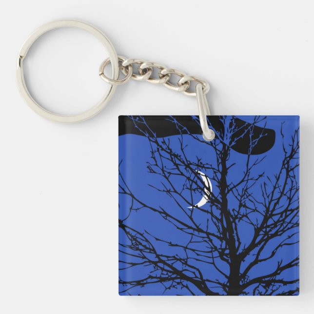 Porte-clefs Lune avec arbre, Bleu Cobalt, Noir et Blanc (Devant)