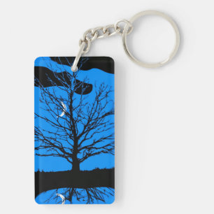 Porte-clefs Lune avec arbre, Bleu profond, Noir et Blanc