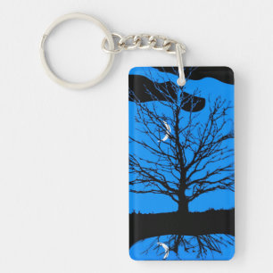 Porte-clefs Lune et Arbre, Bleu Cobalt, Noir et Blanc