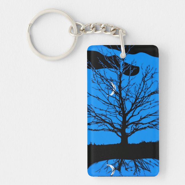 Porte-clefs Lune et Arbre, Bleu Cobalt, Noir et Blanc (Devant)