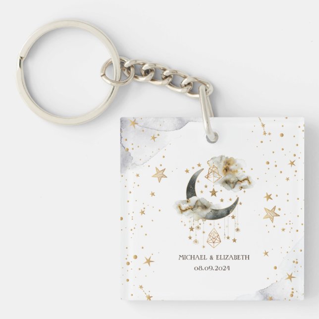 Porte-clefs Lune étoiles or céleste  (Devant)