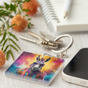 Porte-clefs Lunettes roses d'âne, cheveux arc-en-ciel