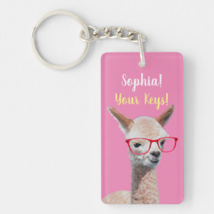 Porte-clefs Lunettes Rouges Alpaga Mignon DIY, Nom Message, Ro