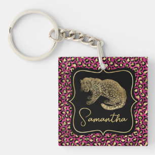Porte-clefs Luxueux imprimé léopard rose or monogramme animali