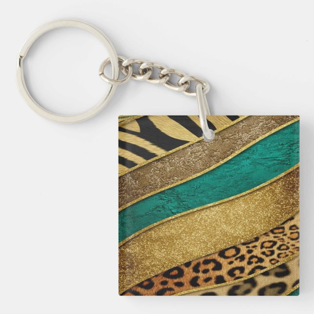 Porte-clefs Luxury Emerald & Gold Safari Leopard Zebra Glitter (Devant)