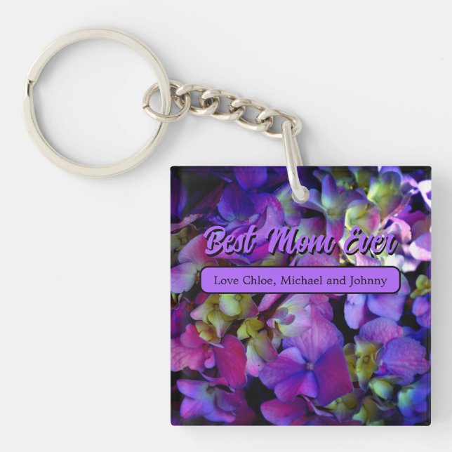Porte-clefs Magenta Purple bleu jaune Hydrangeas fleurs, maman (Devant)