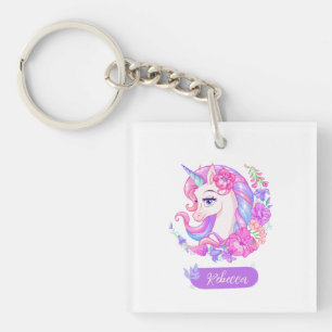 Porte-clefs Magique Unicorne personnalisée Photo floral girl