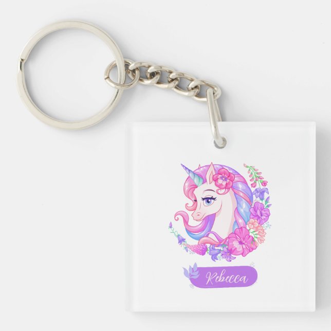Porte-clefs Magique Unicorne personnalisée Photo floral girl (Devant)