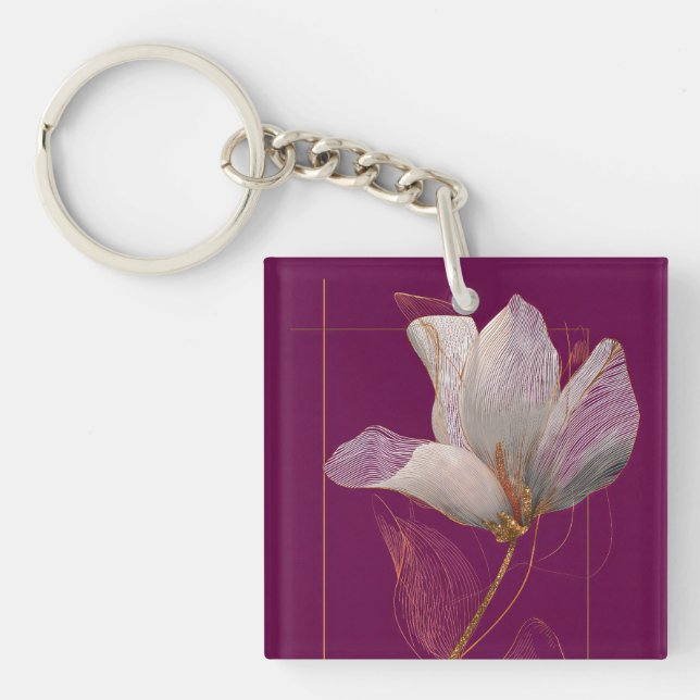 Porte-clefs Magnolia blanche ligne dorée magenta (Devant)