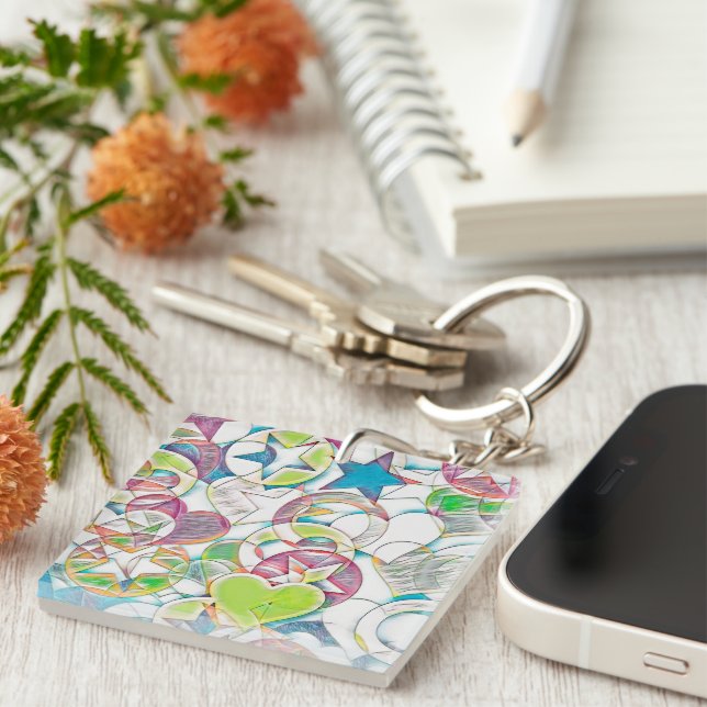 Porte-clefs Main Tirée Par EDDArt - Étoiles Et Coeurs 1 (Devant Droit)