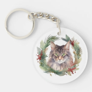 Porte-clefs Maine Coon Chat Noël Wreath Festive Kitten