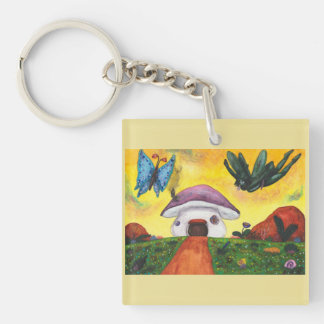 Porte-clefs Maison Champignon Papillon Fée Fantastique Aquarel