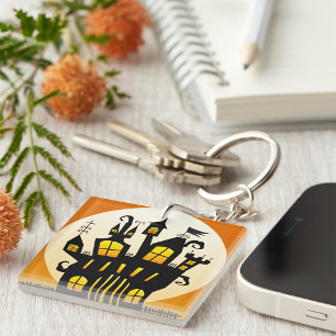 Porte-clefs Maison hantée Halloween Silhouette Pleine Lune