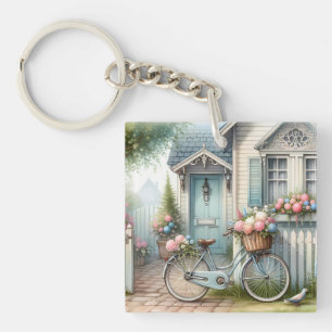 Porte-clefs Maisonnette Bleue avec Vélo et Panier de Fleurs Pr